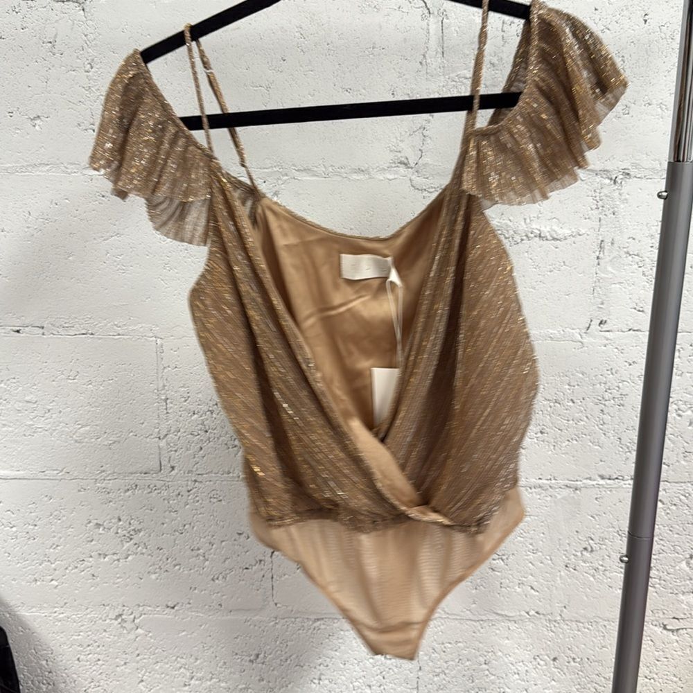 Elegant Brown Ruffled Gold TJD One Piece NWT - Size XS Body Suit in Blush